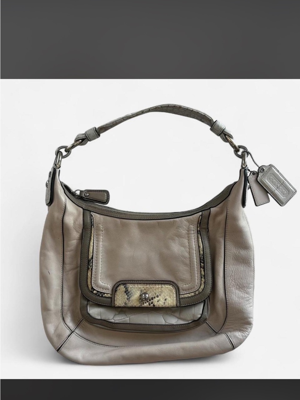 Coach Taupe Pebbled Leather Shoulder Bag with Snake-Print Accent